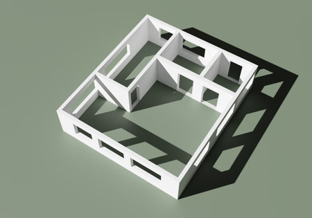 Model of house without roof. Visualization of walls of house. Building walls with windows. Cottage...