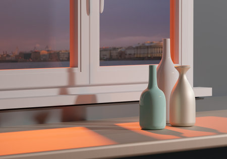 Three vases next to window. Empty white vases. White flower vases. Visualization of decanters. Decanters standing on table. Rendering with forefoot bottles. Porcelain tableware concept. 3d renderingの写真素材