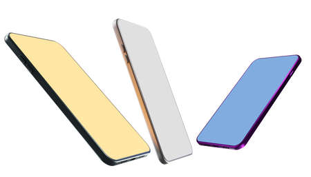 Line phones. Layouts templates of mobile phones in various positions. Smartphones multi-colored screens. Mockups smartphones on white background. Place apps on device with touch screen. 3d imageの写真素材