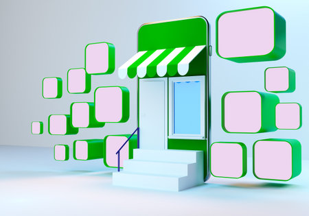 Online store concept. Showcase and steps on smartphone display. Trading shop in form of telephone....