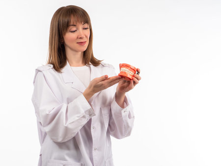 Woman dentist examines typodont. Girl in a white robe with typodont. Dentist portrait over white...