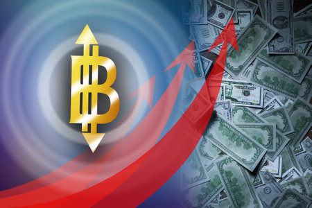 Growth of bitcoin rate. Bitcoin next to growth line. Dollars banknotes next to cryptocurrency symbol. Rise in bitcoin exchange rate. Increase in price of cryptocurrency on exchange.の写真素材
