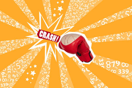 Boxing glove on an orange background. Abstract image with a boxing glove. Crash lettering next to a boxing glove. Illustration on the theme of boxer sports. Boxer punching.の写真素材