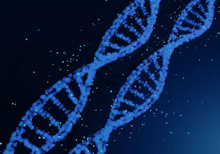 DNA helix on dark blue background. Three-dimensional dna helix symbolizes science of genetics. Dna helix 3d dark background. Genetic background texture with genetic molecules. Human genome pattern.の写真素材