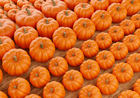 Pumpkins of different sizes top view. Lots of pumpkins on a wooden surface. Pumpkins for...