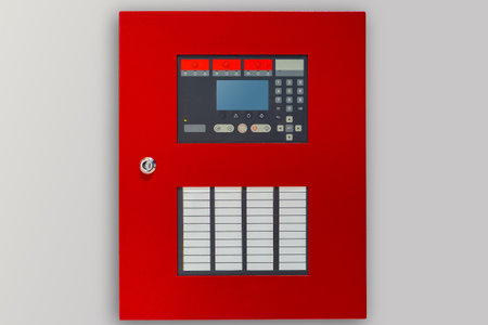 Fire panel with buttons and sensors. Red panel for fire safety control. Fire panel on a light background. Safety control equipment. Concept - sale of security control systems. Anti flame equipmentの写真素材
