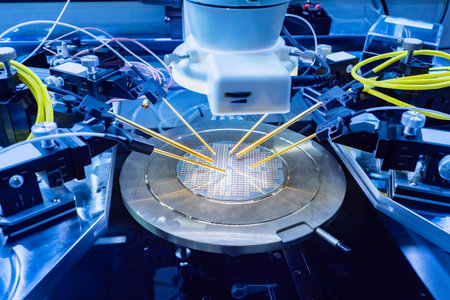 Study of test sample of transistor microchip under microscope in laboratory. PCB production. Equipment for testing chips. Production automation. Manufacture of chips. Chips testing in productionの写真素材