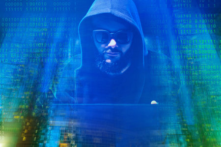Portrait of hacker. Hacker beside binary code. Internet hacking concept. Hacking computer systems....