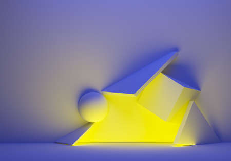 3d background. Background texture with volumetric geometric shapes. Blue pattern. Rendering 3d elements on a blue background. Yellow-blue texture. Wallpaper with 3d elements in non-visibility.の写真素材