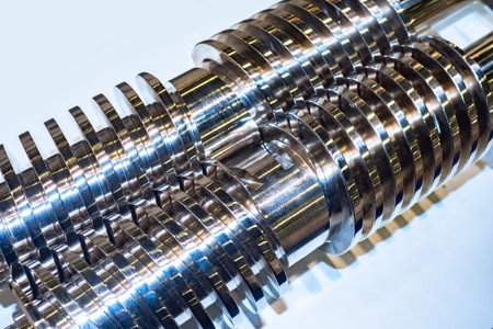 Conical twin-screw pair close-up. Two metal twin-screw pairs on a white background. Production...