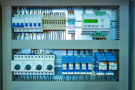 Electrical distribution cabinet with many automatic devices. Metal electrical cabinet close-up....