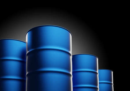 Barrels for chemistry. Container for Chemical Industry. Blue metal Barrels. Several barrels in the dark. Chemical storage warehouse. Containers for chemical liquids. Containers oil. 3d image.の写真素材