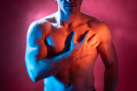 Heart ache. Heart attack concept. Man suffering from chest pain. Men have chest pain caused by heart...