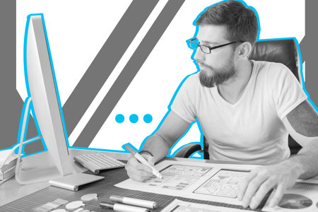 Web designer at work. Man is engaged in design of a mobile application. Designer makes a drawing of...