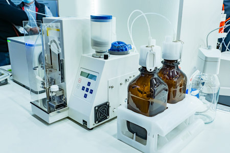 Equipment for titration in food laboratory. Food laboratory equipment. Automatic titrator during...