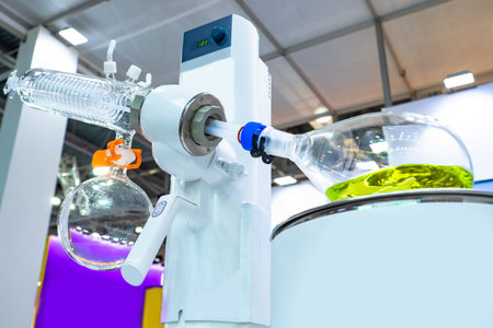 Rotary evaporator for medical experiments. Rotary evaporator in a medical laboratory. Yellow liquid...