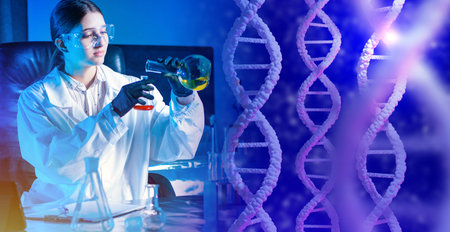 Girl is engaged in genetic engineering. Geneticist with test tubes in his hands. DNA molecules next...