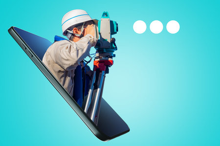 Creation of cartographic images. Application for surveyor. Portrait of surveyor in smartphone...