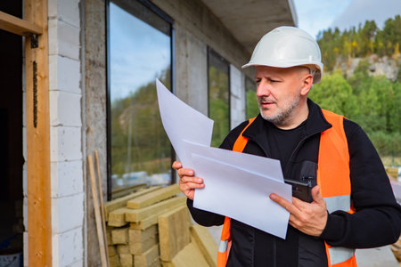 Worker man near house under construction. Builder is working on construction of a country house....