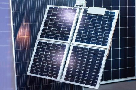 Square solar panels close up. Solar battery production and sales concept. Equipment for generating...
