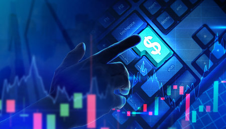 Investments in US dollar. Buying and selling US currency. Concept - trading American Stock Exchange. Man presses dollar button. Double exposure keyboard and stock chart. Investments in USA currencyの写真素材