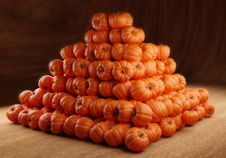 Pyramid of same type of pumpkins. Same type of pumpkins in a wooden room. pumpkin illustration on wood surface. She symbolizes storage of gourds. Pyramid 3d of gourds as a symbol of farming.の写真素材