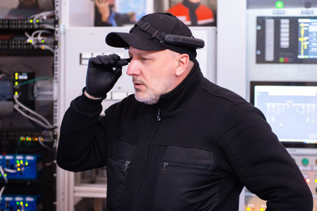 Mini digital camera on face of worker. Man with a digital video recorder on his head. WIFI camera...