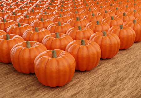 Pumpkins are even rows. Pumpkin 3d wood background. Background pattern with pumpkins as symbol of...