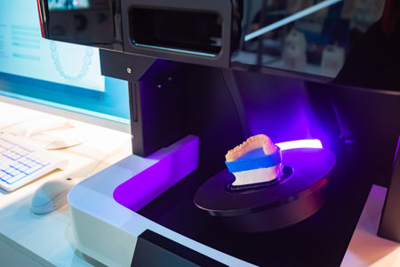 Dental technician equipment. Creation of dental prosthesis image. 3d dental scanner during work....