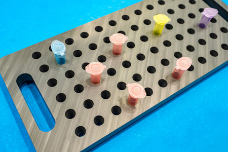 Metal rack with multi colored test tubes. Bright test tubes in chemical laboratory. Rack for working...