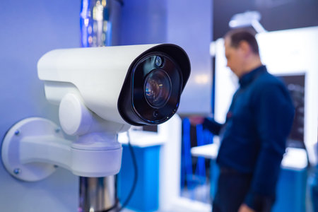 White CCTV camera in store. Sale of video surveillance systems. White IP camera close-up. Concept -...