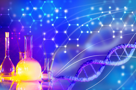 Studying genetic disease. Concept - the DNA chain symbolizes genetic disease. Test tubes next to human DNA helix. Research and treatment of genetic disease. Research of DNA mutations.の写真素材