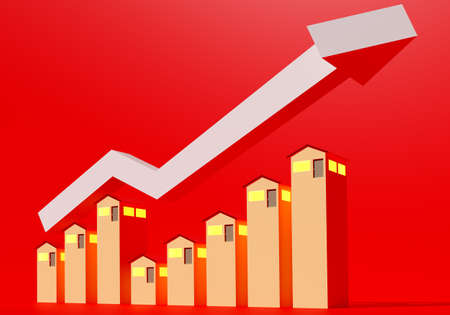 Real estate investment trust chart. Graph symbolizes rise REIT prices. Graph from three-dimensional houses. Investment in REIT. Business buying real estate trust. 3d diagram on red backgroundの写真素材