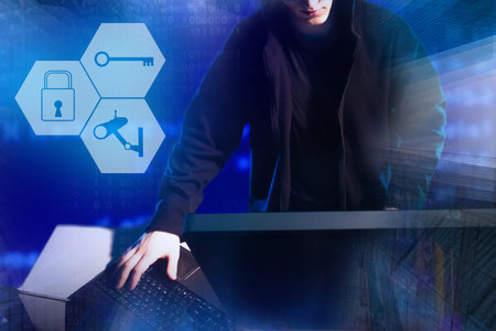 Development of security systems concept. Internet security. Developer is working on security...