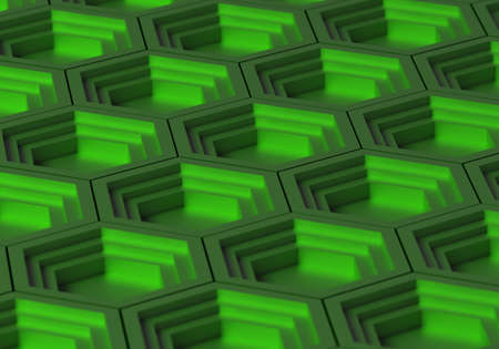 Green geometric background. Pattern with geometric shapes. Background with hexagons. 3d background for site. Concave hexagons texture. Texture design green. Abstract geometry. 3d visualization.の写真素材