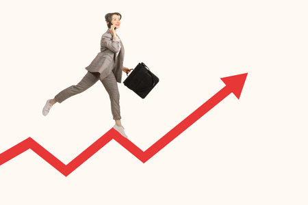 Woman running on growing graph. Business growth. Achievements in business. A joyful businesswoman....