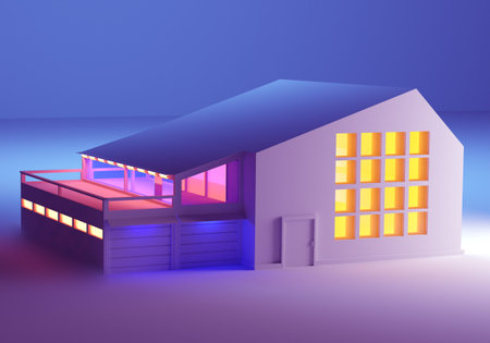 Layout of story building. Building with a pitched roof. White mock-up of house with glowing windows....