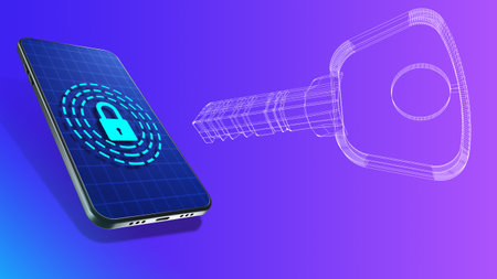 Phone security. Electronic security concept. Lock in phone screen symbolizes unlocking. Key on a purple background. Smartphone unblocking metaphor. Data encryption in phone. 3d image.の写真素材