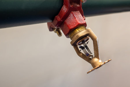 Fire extinguishing system sprinkler. Water spray mechanism. Golden sprinkler close-up. Fire...
