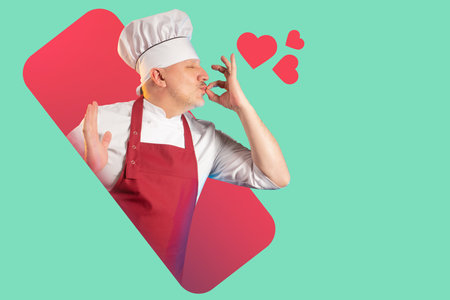 Cook makes a delicious gesture with his hands. Chef in white-red robe. Cook on white green...