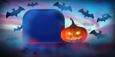 Pumpkin halloween decoration. Jack's lamp near grave and lit mice. Pumpkin is jack lamp as symbol of halloween. 3d illustration on theme of halloween celebration. Party decorations all hallows' eveの写真素材