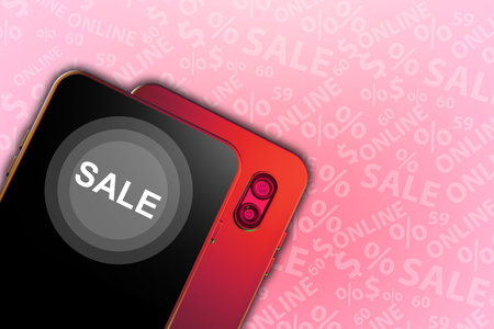 Sale logo in smartphone screen. Concept of sale of phones. Selling of smartphones with discount. Red...