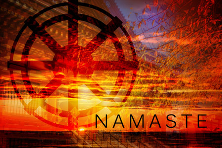 Dharmachakra and Namaste as symbols of Buddhism. Namaste inscription on sunset background. The wheel...