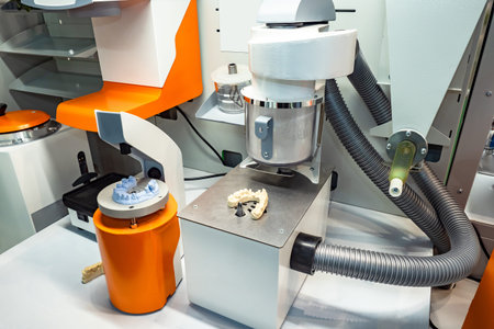 Grinding and milling machine of dentures. Fragment lab milling cutter for dental work. Milling...