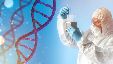 Genetic mutation. Geneticist in chemical protection suit. Modified DNA helix next to it. Several...