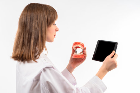 Dentist woman with tablet in her hands. dentist woman on white background. Human jaw is in her hand as symbol of orthodontics. She's using some kind of dentist app. Medical supplement.の写真素材