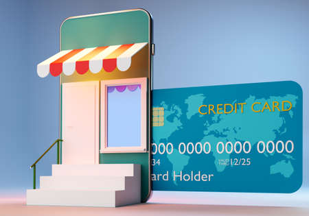 Payment in the mobile application. Online application with online payment. Credit card near smartphone. Online store application metaphor. Marketplace in apps. Shopping via smartphone. 3d imageの写真素材