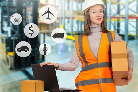 Employee of logistics company with box. Logistic business symbols are near woman. Blurred warehouse...