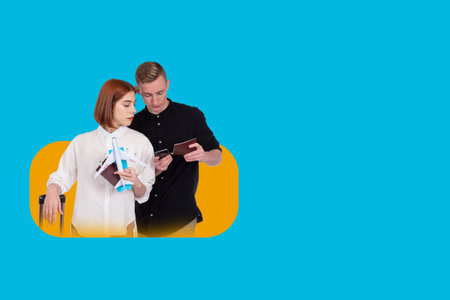 Couple of travelers on turquoise background. Collage on theme of travel. Guy and girl are engaged in...