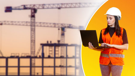 A girl with a laptop on the background of housing construction. A woman chooses an apartment in a...